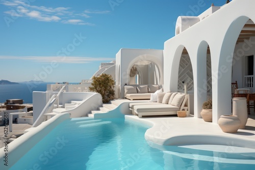 Exterior view of a luxurious, designer villa in Santorini, showcasing sleek architecture and an infinity pool