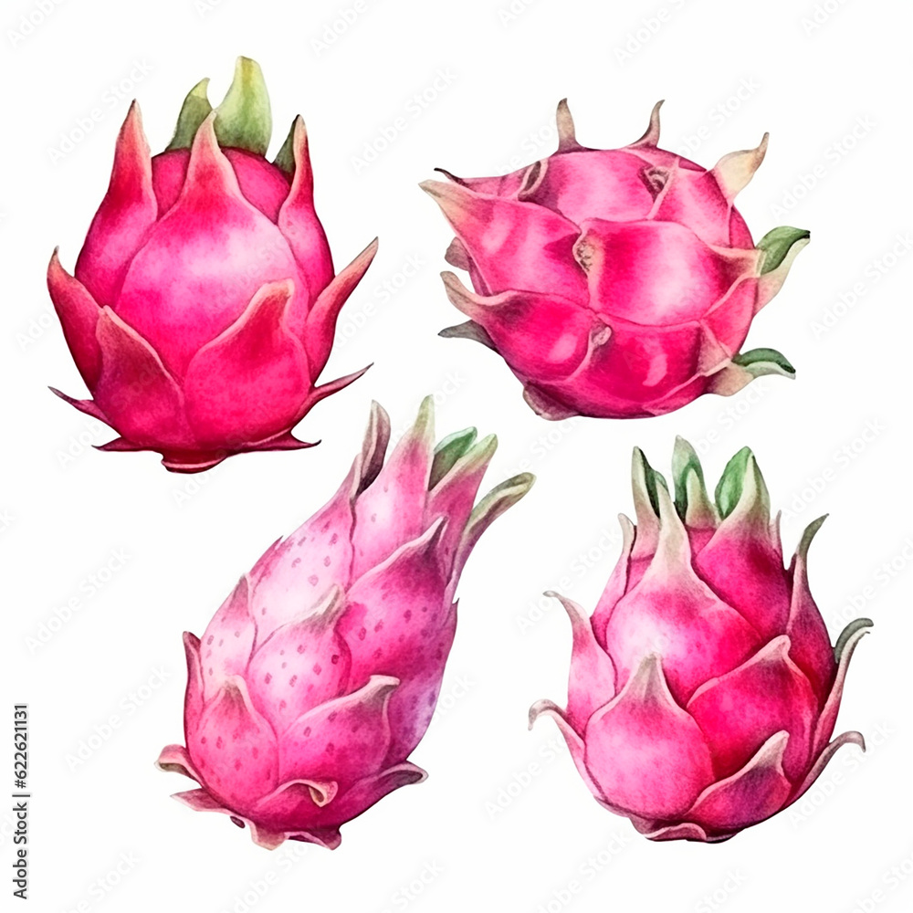 dragon fruit set watercolor on a white background created with Generative Ai dragon fruit set watercolor on a white background created with Generative Ai