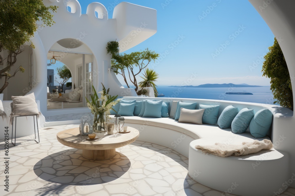 Exterior view of a luxurious, designer villa in Santorini with an infinity pool
