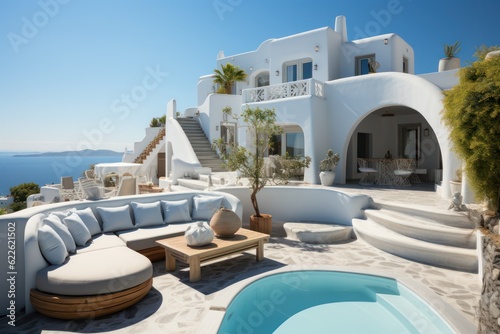 Luxurious infinity pool with a sea view in a sleek  designer villa in Santorini. Luxurious vacation