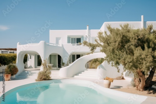 Exterior view of a luxurious, designer villa in Santorini with an infinity pool © aboutmomentsimages