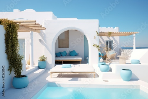 Exterior view of a luxurious, designer villa in Santorini with an infinity pool © aboutmomentsimages