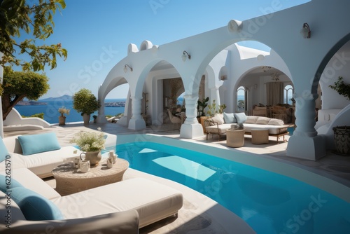 Exterior view of a luxurious, designer villa in Santorini with an infinity pool