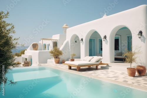 Exterior of a sleek, modern villa in Santorini, showcasing luxurious design and a pool. © aboutmomentsimages