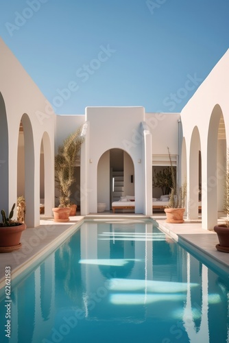 Exterior of a sleek, modern villa in Santorini, showcasing luxurious design and a pool. © aboutmomentsimages
