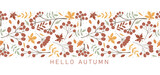 Hello autumn. Trendy design with autumn leaves, twigs and berries in minimalist style. Perfect background for banner, poster, flyer, cover. Vector illustration