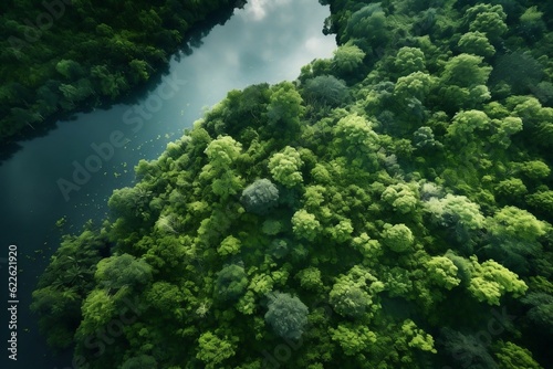 Aerial drone view of lake and green lush forest. Generative AI