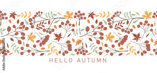 Hello autumn. Trendy design with autumn leaves, twigs and berries in minimalist style. Perfect background for banner, poster, flyer, cover. Vector illustration