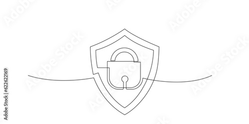 Padlock and shield in continuous single line drawing style. One line drawing of lock. Drawing of security protection symbol. Sigh for concept of information internet, business protection, cyber safety