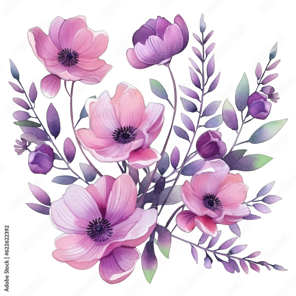 Watercolor flowers. Violet Floral, PNG Images,  Watercolor Purple Spring Flowers, Bouquets, Generative AI