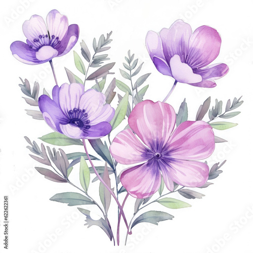 Watercolor flowers. Violet Floral, PNG Images, Watercolor Purple Spring Flowers, Bouquets, Generative AI