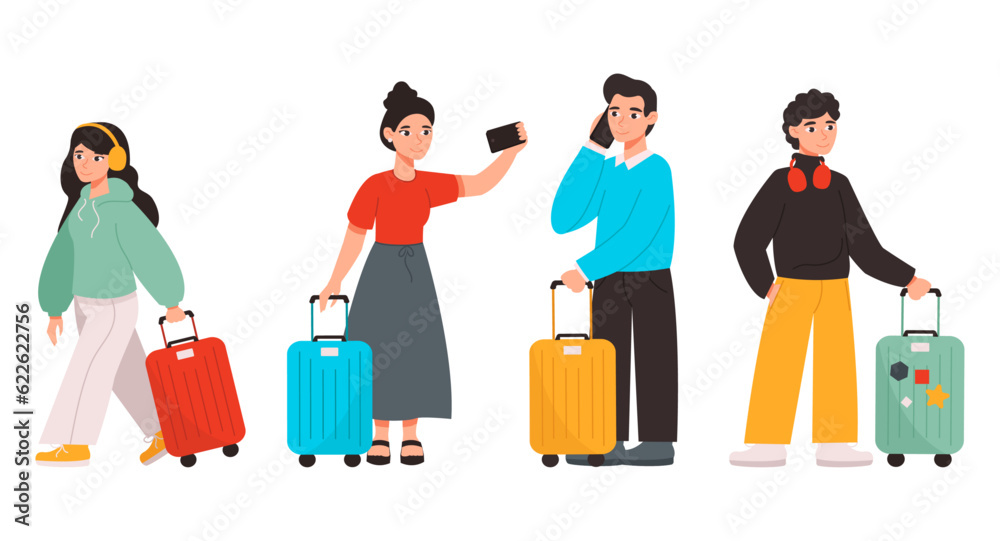 Fototapeta premium Set of illustrations of different people with suitcases at the airport or train station. Vector graphic.
