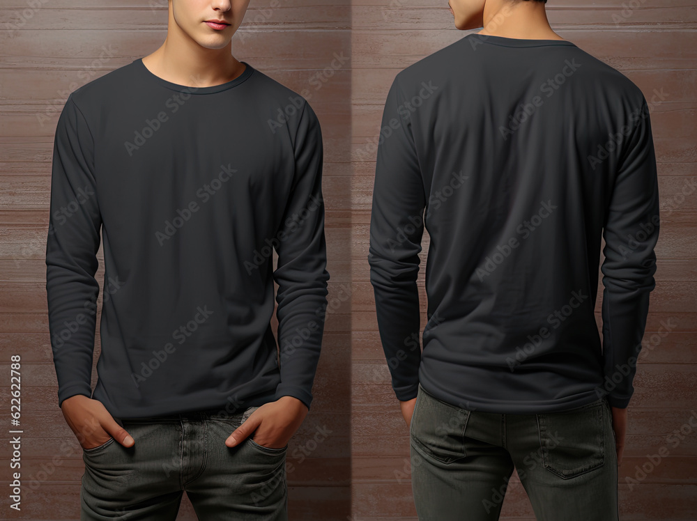 Man wearing a grey T-shirt with long sleeves. Front and back view Man wearing a grey T-shirt with long sleeves. Front and back view