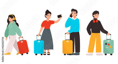 Set of illustrations of different people with suitcases at the airport or train station. Vector graphic.