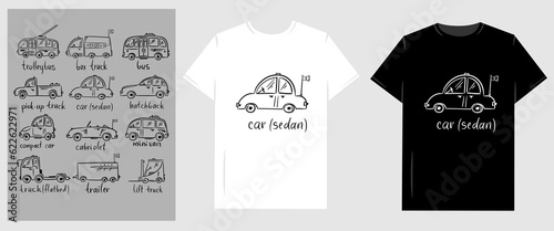 Vector graphic illustration for T-shirt. Funny cartoon line art cars, trucks image