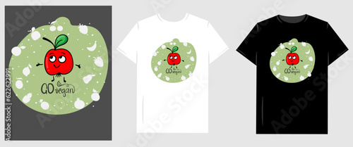 Vector graphic illustration for T-shirt. Go vegan letteing and fuuny fruit cartoon character
