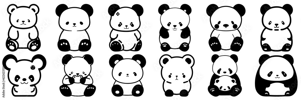 Kawaii panda silhouettes set, large pack of vector silhouette design, isolated white background