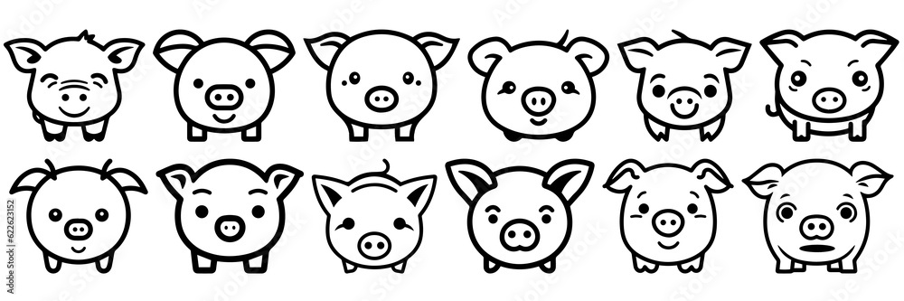 Kawaii pig silhouettes set, large pack of vector silhouette design, isolated white background