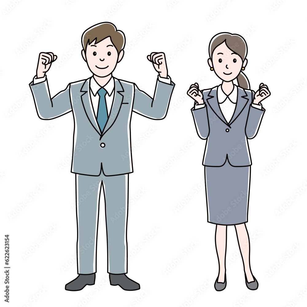 ガッツポーズの男女会社員 ガッツポーズの男女会社員