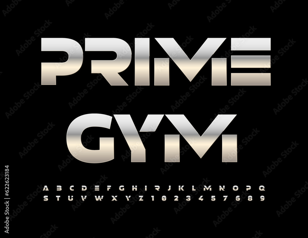 Vector marketing banner Prime Gym. Abstract style Font. Silver set of Alphabet Letters and Numbers Vector marketing banner Prime Gym. Abstract style Font. Silver set of Alphabet Letters and Numbers