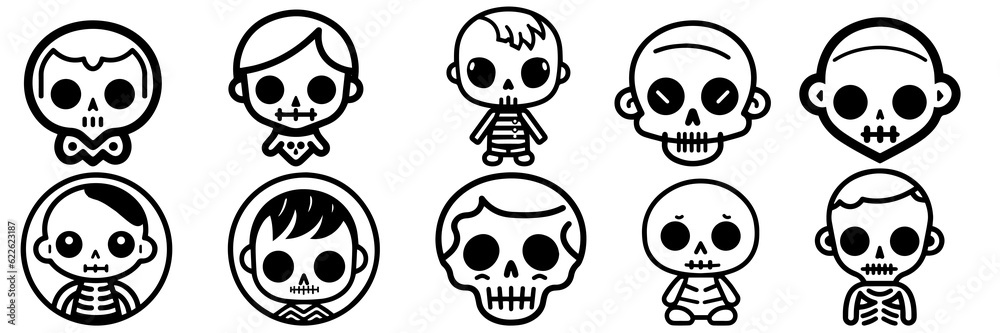 Fototapeta premium Kawaii skeleton silhouettes set, large pack of vector silhouette design, isolated white background