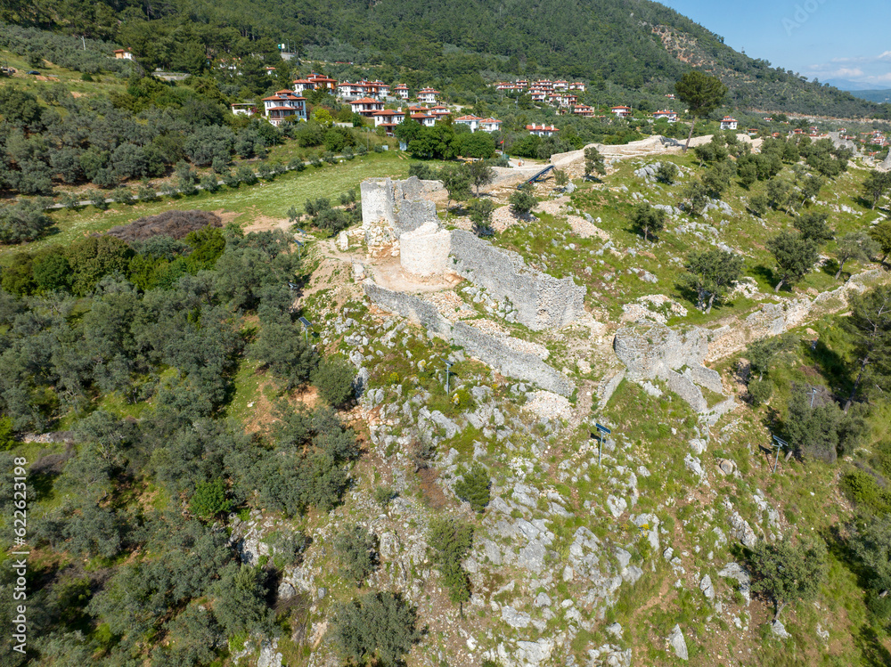 Idyma Castle. View over Gokova village in Mugla province of Turkey. Akyaka Castle.
