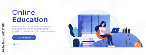 Woman with laptop sitting in home and working. Layout for website page. Concept illustration for working, freelancing, studying, education, work from home. Vector illustration EPS 10