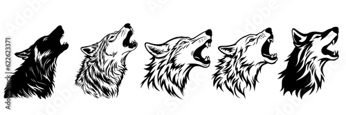 Wolf silhouettes set, large pack of vector silhouette design, isolated white background.