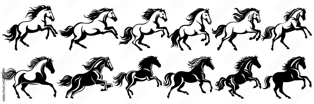 Horse silhouettes set, large pack of vector silhouette design, isolated white background