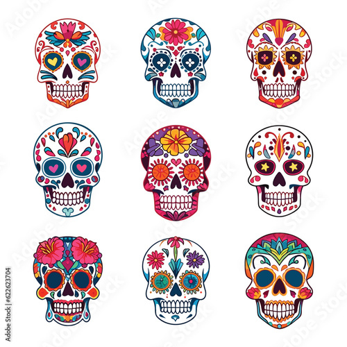 Hand drawn flat dia de muertos skulls collection, Decorated mexican skulls 