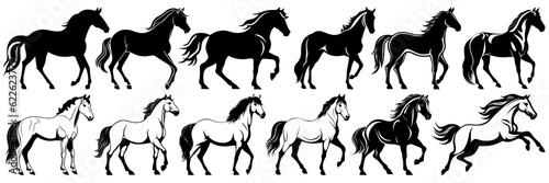 Horse silhouettes set, large pack of vector silhouette design, isolated white background