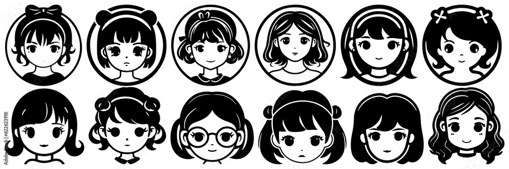 Kawaii girl silhouettes set, large pack of vector silhouette design, isolated white background Kawaii girl silhouettes set, large pack of vector silhouette design, isolated white background