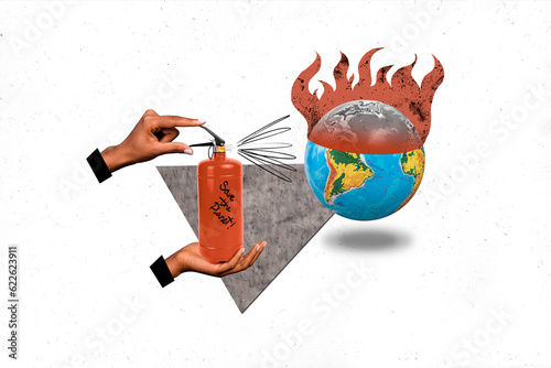 Φωτογραφία Poster banner collage of people hands holding fire extinguisher try rescue fire