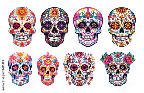 Hand drawn flat dia de muertos skulls collection, Decorated mexican skulls 