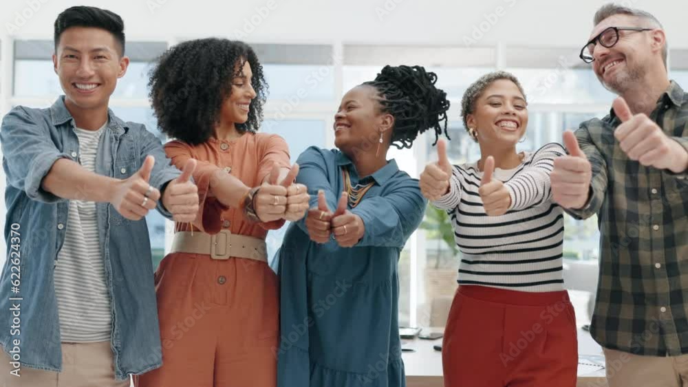 Teamwork, thumbs up and business people for success, thank you or winning, yes and like sign at marketing agency. Portrait of happy diversity group or men and women with okay, good job hands or emoji Teamwork, thumbs up and business people for success, thank you or winning, yes and like sign at marketing agency. Portrait of happy diversity group or men and women with okay, good job hands or emoji
