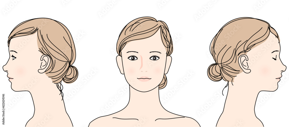 女性の顔を前横後から見た3方向のイラスト 正面と横顔のバリエーション資料