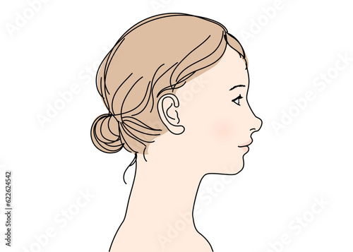 アップヘアのかわいい日本人女性の横顔アップのイラスト 上半身バストアップ 右向き