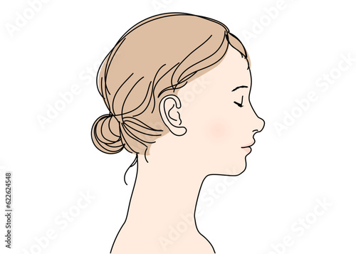 目を閉じたアップヘアの日本人女性の横顔アップのイラスト 上半身バストアップ 右向き