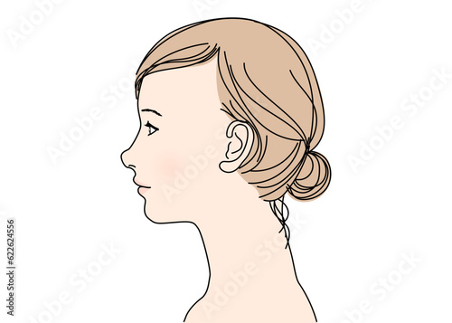アップヘアのかわいい日本人女性の横顔アップのイラスト 上半身バストアップ 左向き