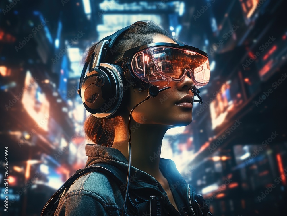 Woman wearing a VR headset, futuristic virtual world, digital art ...