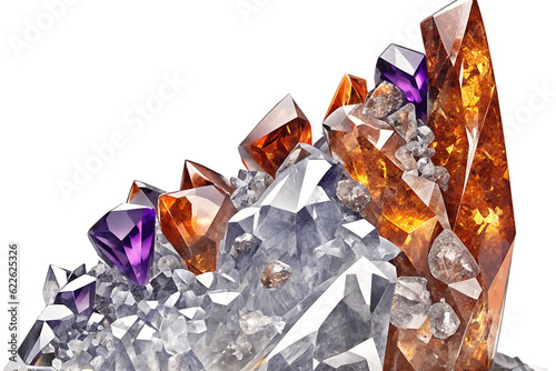 Composition of several crystals and gemstones on a white background. Natural minerals. A druse of precious stones. Generative AI