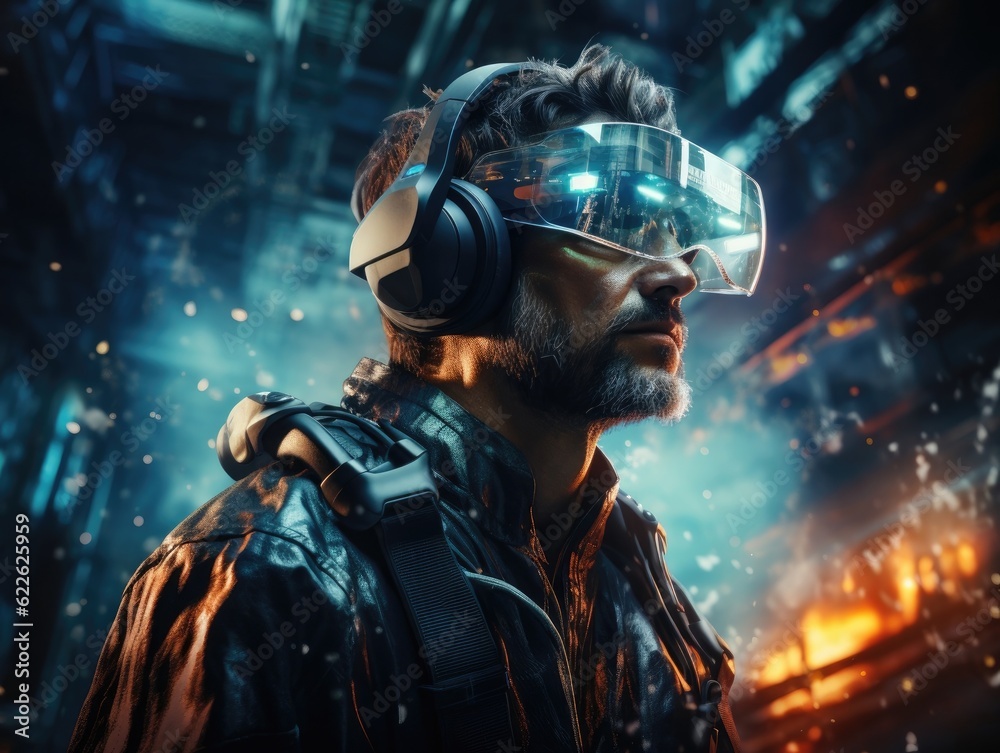 Man wearing a VR headset, futuristic virtual world, digital art illustration and colorful. Generative AI