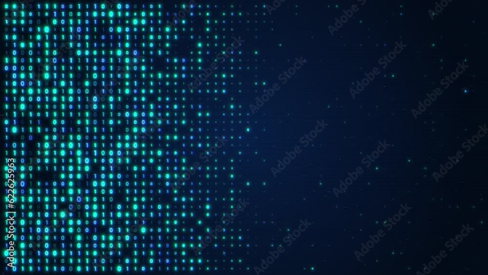 Loop animation of blue, glowing random digital data matrix of binary code numbers on a dark background with text space on the right. Motion background for technology, coding, or big data concept