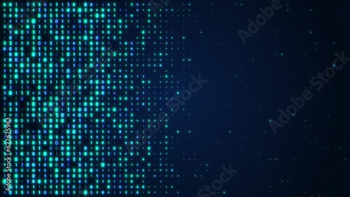 Loop animation of blue, glowing random digital data matrix of binary code numbers on a dark background with text space on the right. Motion background for technology, coding, or big data concept