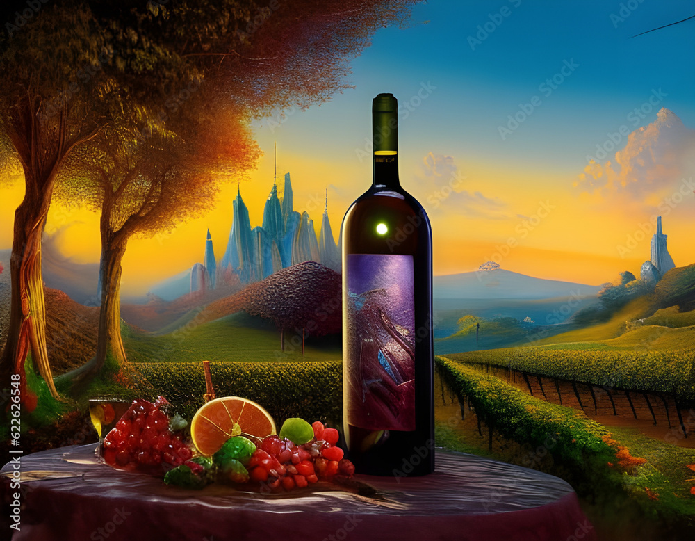 Concept of wine tasting in the wine cellar: wineglass and a bottle with ripe grapes, next to a panoramic view of vineyards at sunset. Digital illustration. CG Artwork Background