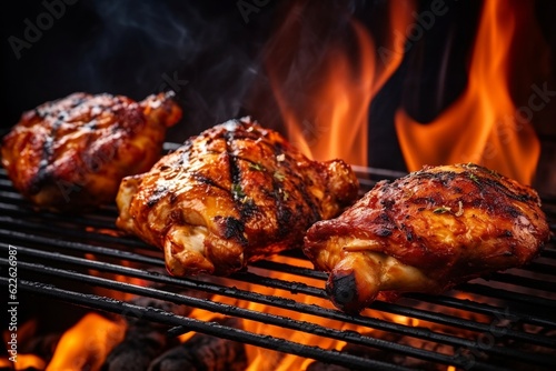 Grilled Delights Chicken Pieces on BBQ Grill Grid with Fire and Smoke. Generative AI
