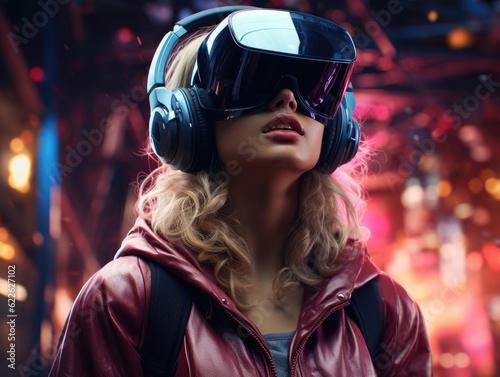 Woman wearing a VR headset, futuristic virtual world, digital art illustration and colorful, neon light in the background. Generative AI