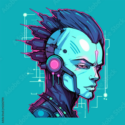 Character face in futuristic virtual style. cyber punk illustration, sticker design