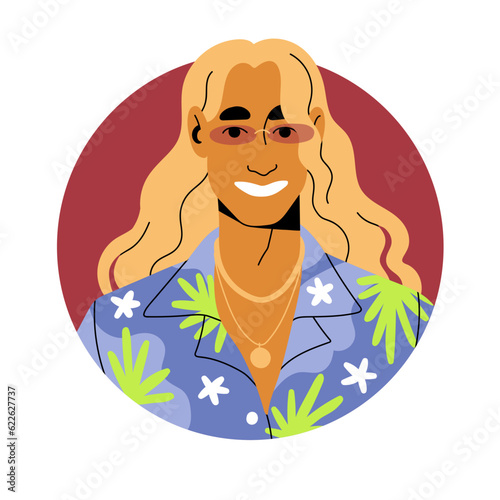 Fashion man with long hair, face avatar. Modern trendy cool young guy in sunglasses, hawaiian shirt, accessories. Head portrait in circle. Flat vector illustration isolated on white background