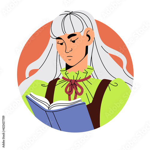 Fashion girl reading book, face avatar. Pretty female student reader, bookworm, head portrait. Modern stylish trendy cool woman with textbook. Flat vector illustration isolated on white background